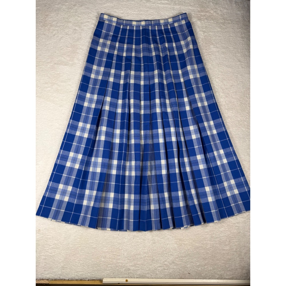Pendleton Pleated Plaid Skirt Womens 14 Blue 100% Virgin Wool Vintage Midi  Hole
